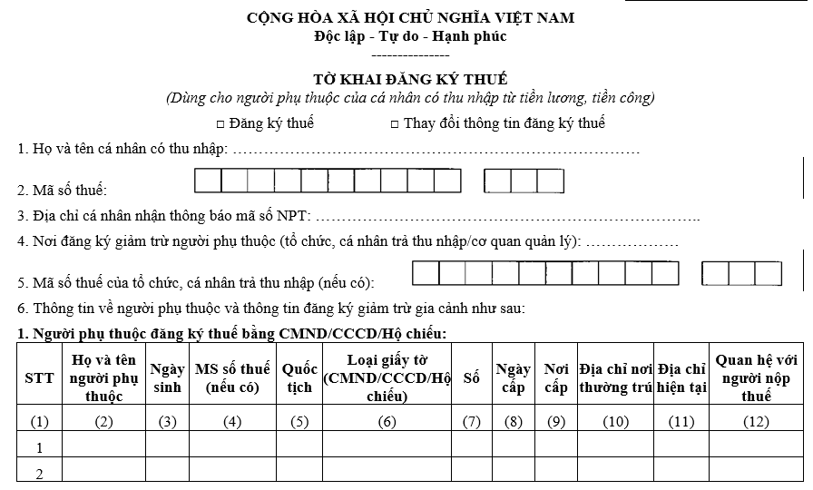 Mẫu 20 ĐK TH TCT Tờ khai đăng ký người phụ thuộc mới nhất có dạng như