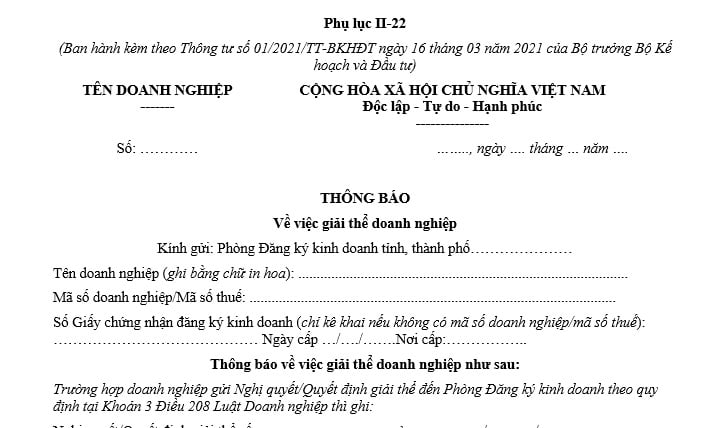 phụ lục ii 22 thông báo về việc giải thể doanh nghiệp