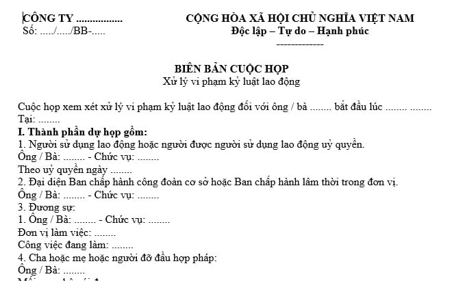 mẫu biên bản họp xử lý kỷ luật sa thải người lao động