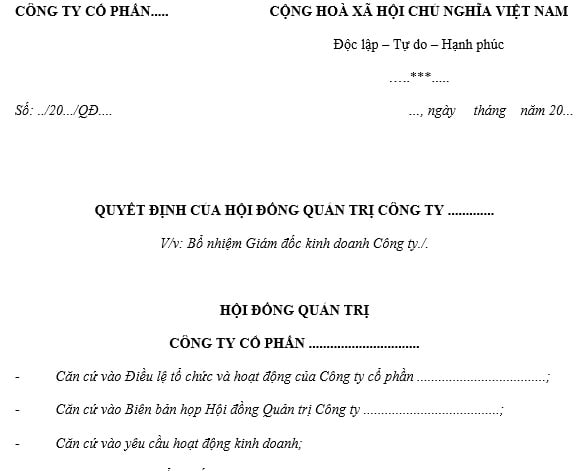 mẫu quyết định bổ nhiệm giám đốc kinh doanh