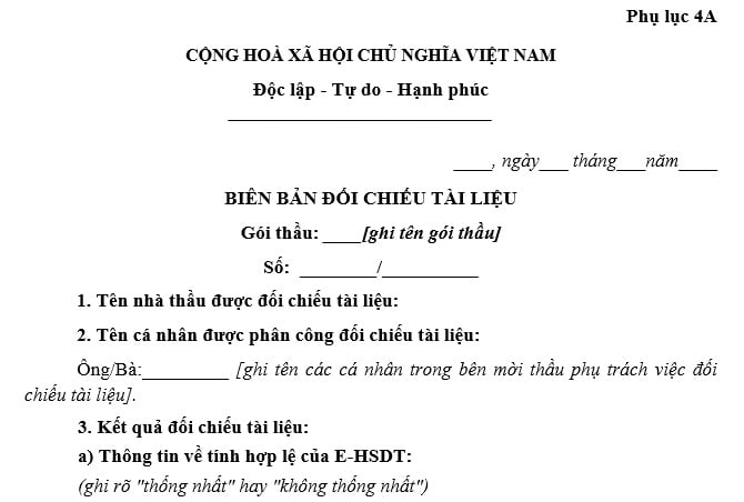 mẫu kết quả đối chiếu tài liệu đấu thầu