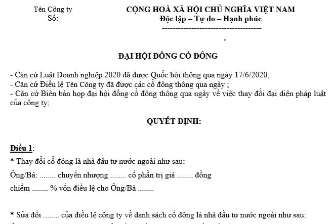 mẫu quyết định thay đổi cổ đông là người nước ngoài