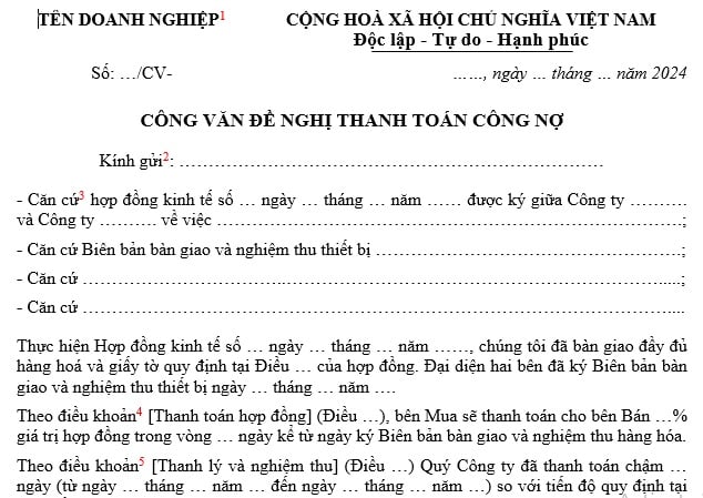 công văn đề nghị thanh toán công nợ