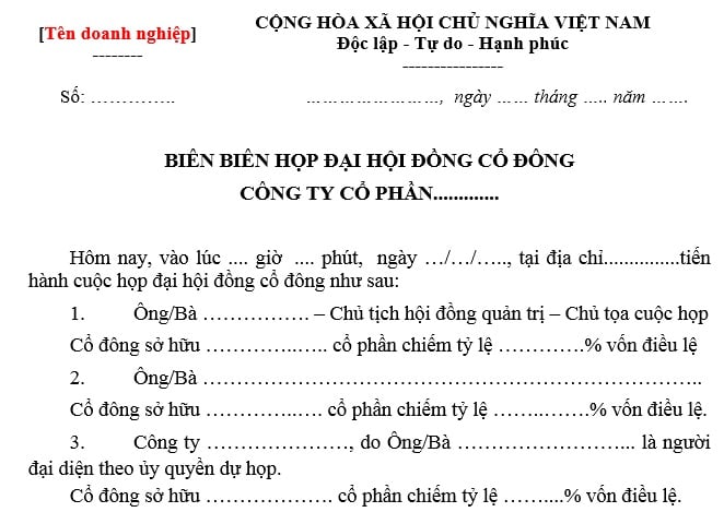 mẫu biên bản họp đại hội đồng cổ đông