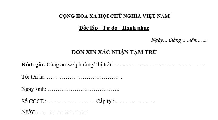 mẫu đơn xin xác nhận tạm trú