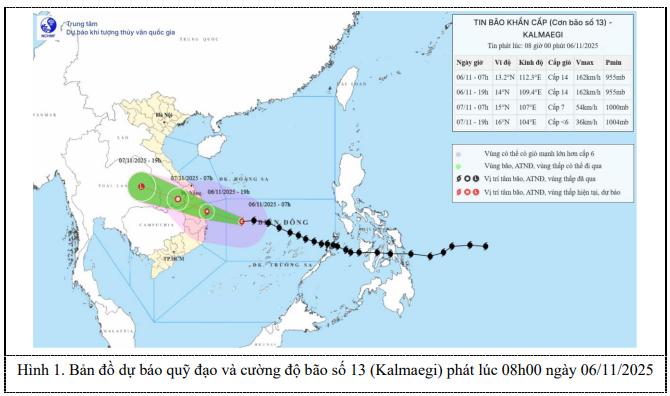 Bản đồ dự báo quỹ đạo và cường độ bão số 13 (Kalmaegi) phát lúc 08h00 ngày 06/11/2025