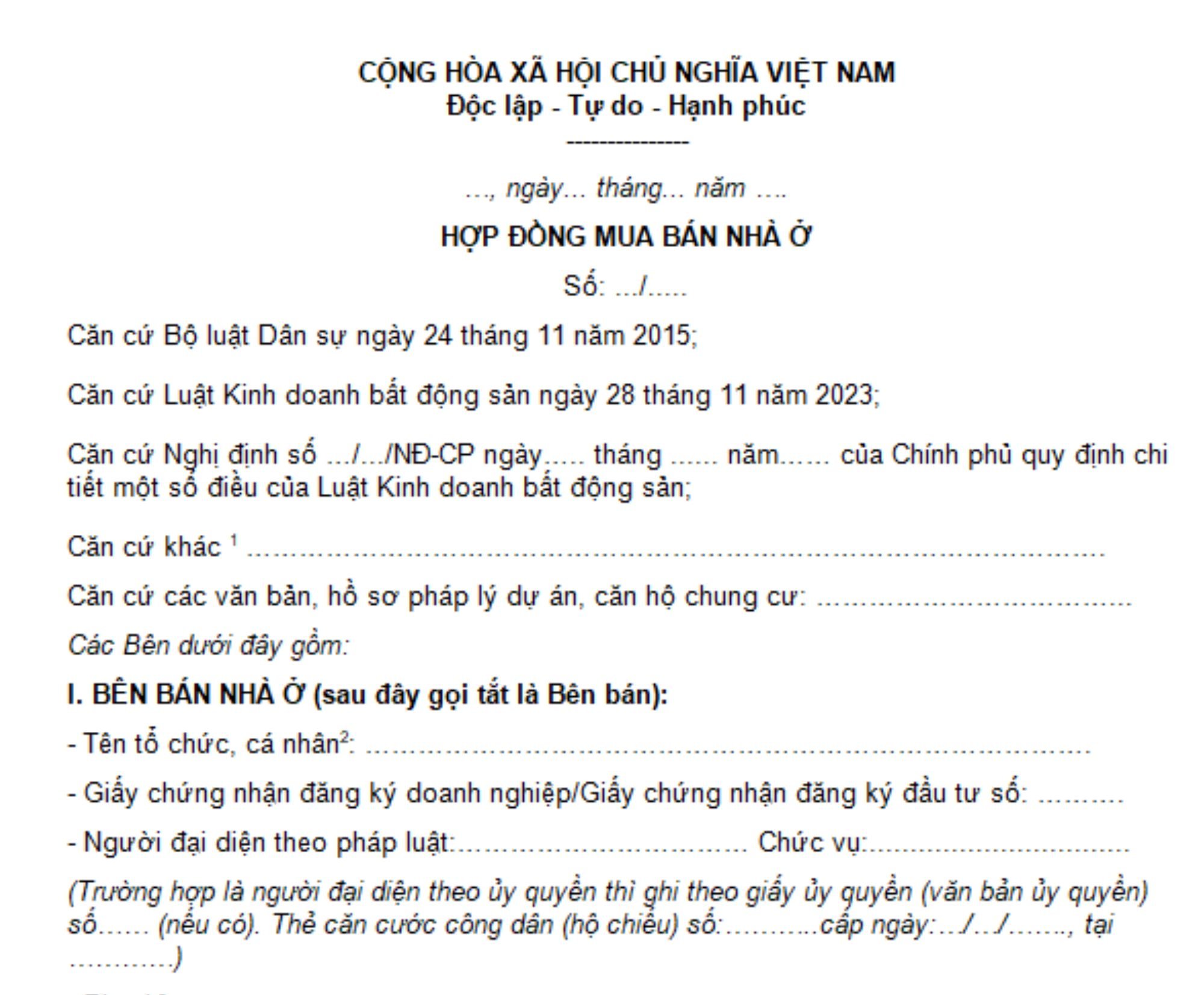 hợp đồng mẫu áp dụng trong mua bán căn hộ chung cư