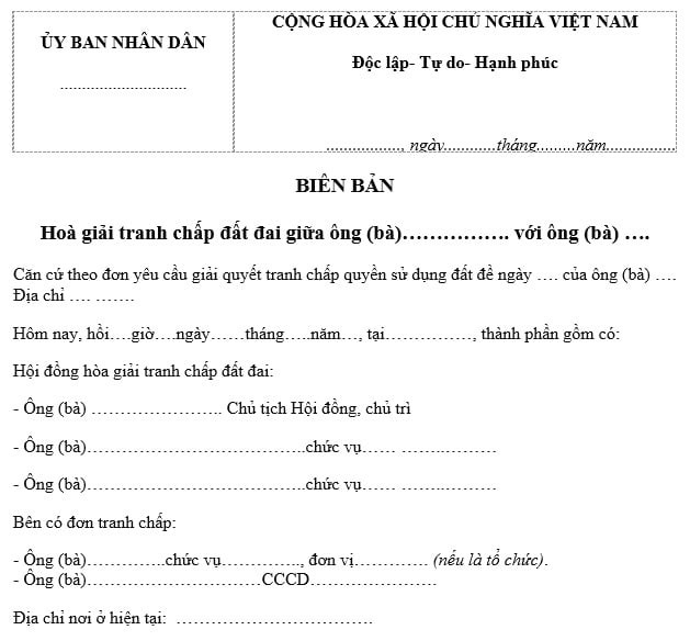 Mẫu biên bản hòa giải tranh chấp đất đai mới nhất 2026