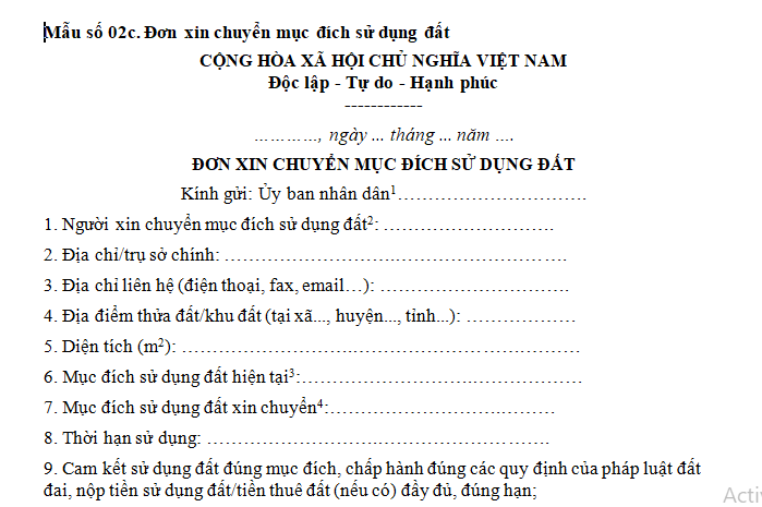 Mẫu đơn xin chuyển mục đích sử dụng đất nông nghiệp sang đất ở.