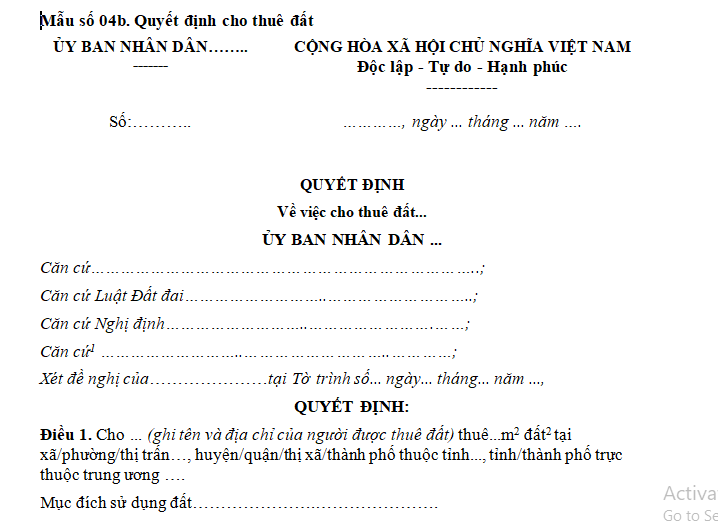 Mẫu quyết định cho thuê đất theo Nghị định 102 là mẫu nào?