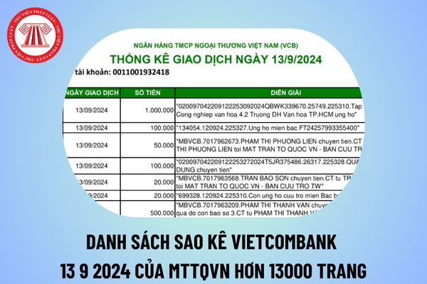 Danh sách sao kê Vietcombank 13 9 2024 MTTQ Việt Nam hơn 13000 trang ủng hộ đồng bào miền Bắc bị lũ lụt?