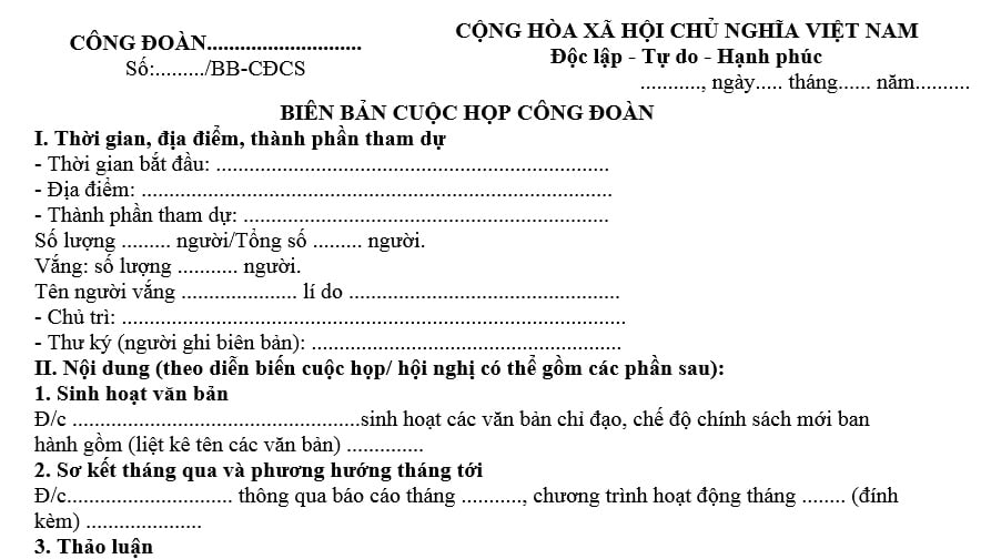 Mẫu biên bản họp công đoàn cơ sở mới nhất năm 2025? Mẫu biên bản họp công đoàn hàng tháng thế nào?