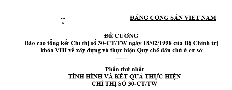 Báo cáo tổng kết Chỉ thị 30-CT/TW của Bộ Chính trị về xây dựng và thực hiện Quy chế dân chủ ở cơ sở?