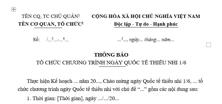 Thông báo tổ chức 1 6 mới nhất? Tải về Mẫu Thông báo tổ chức chương trình ngày Quốc tế Thiếu nhi 1 6?