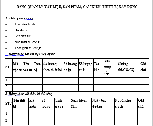  Mẫu bảng quản lý vật liệu xây dựng, sản phẩm, cấu kiện, thiết bị sử dụng cho công trình xây dựng