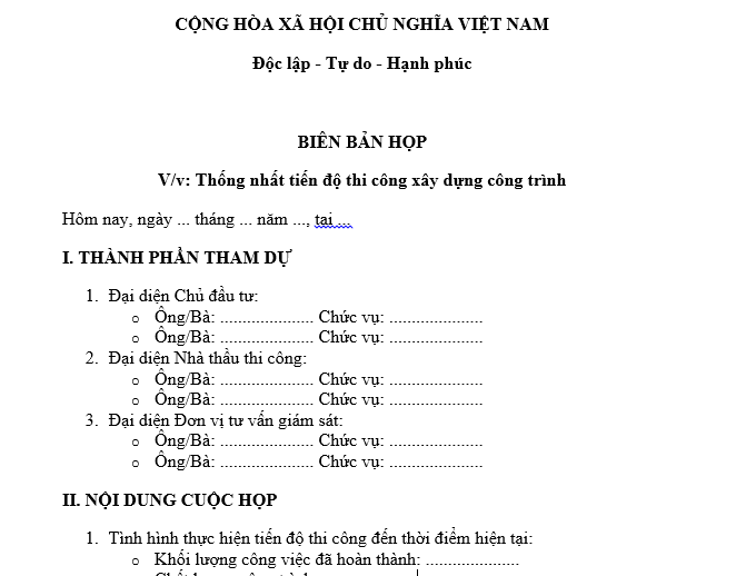 Mẫu biên bản họp thống nhất tiến độ thi công xây dựng công trình