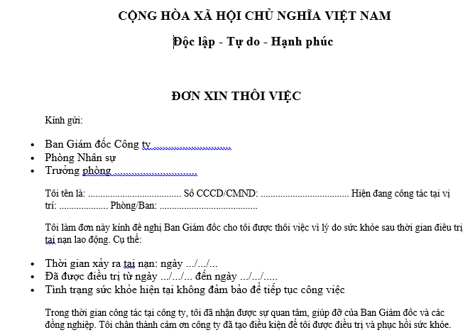  Mẫu đơn xin thôi việc sau khi điều trị tai nạn lao động