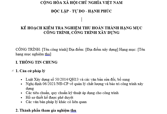 Mẫu kế hoạch kiểm tra nghiệm thu hoàn thành hạng mục công trình, công trình xây dựng