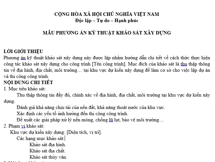 Mẫu phương án kỹ thuật khảo sát xây dựng công trình