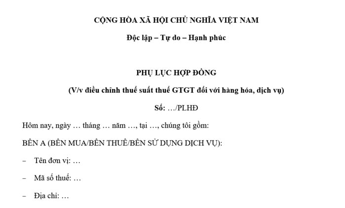 Mẫu Phụ lục hợp đồng điều chỉnh thuế suất thuế GTGT hàng hóa dịch vụ