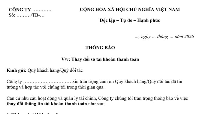 Mẫu Thông báo thay đổi số tài khoản thanh toán công ty mới nhất 2026 gửi khách hàng