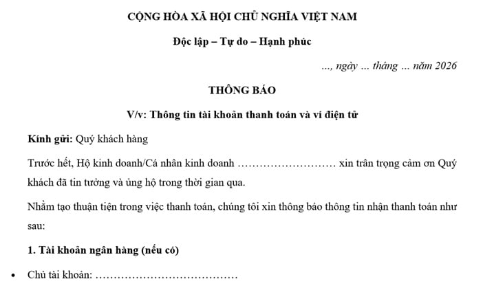 Mẫu Thông báo số tài khoản thanh toán, số hiệu ví điện tử mới nhất 2026 gửi khách hàng cho hộ kinh doanh, cá nhân kinh doanh?