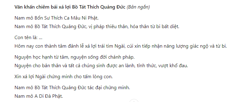 Tham khảo Văn khấn khi chiêm bái xá lợi trái tim Bồ tát Thích Quảng Đức dưới đây: