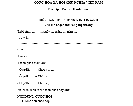 Mẫu Biên bản họp phòng Kinh doanh về kế hoạch mở rộng thị trường