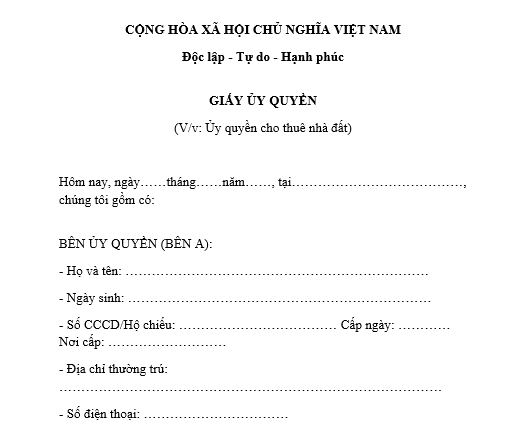 Mẫu giấy ủy quyền cho thuê nhà đất cho trường hợp chủ sở hữu không trực tiếp đứng ra cho thuê