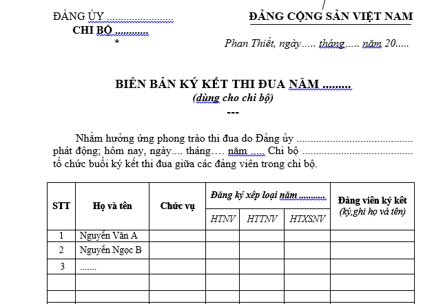  Mẫu Biên bản ký kết thi đua dùng cho Chi bộ mới nhất