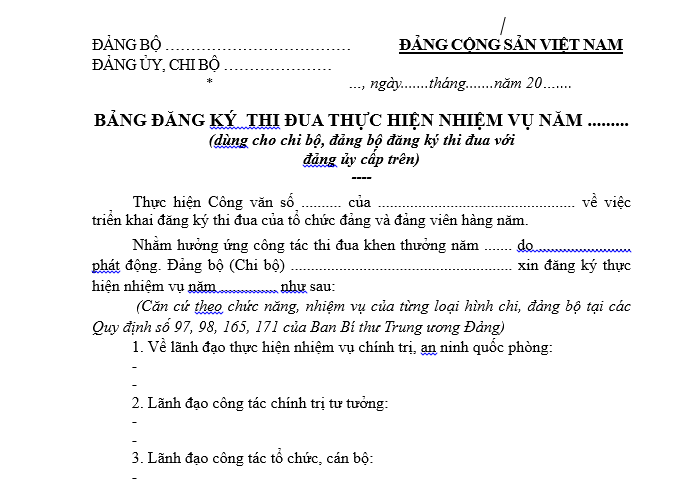 Mẫu Bảng đăng ký thi đua thực hiện nhiệm vụ năm dành cho chi bộ, đảng bộ đăng ký thi đua với đảng ủy cấp trên mới nhất