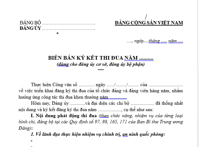 Mẫu Biên bản ký kết thi đua năm dùng cho đảng ủy cơ sở, đảng ủy bộ phận mới nhất