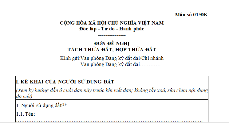 Mẫu Đơn đề nghị tách thửa đất