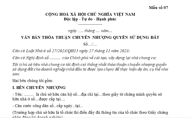 Mẫu văn bản thỏa thuận chuyển nhượng quyền sử dụng đất để thực hiện dự án đầu tư cải tạo, xây dựng lại nhà chung cư