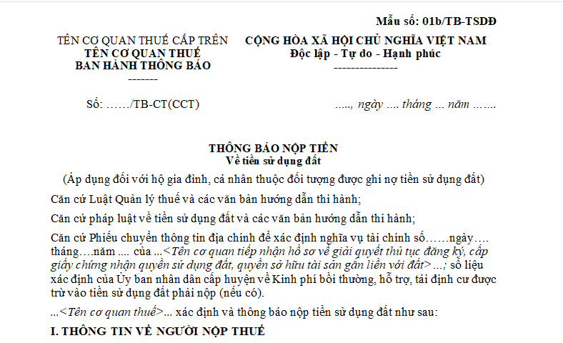 Mẫu Thông báo nộp tiền sử dụng đất áp dụng đối với hộ gia đình, cá nhân thuộc đối tượng được ghi nợ tiền sử dụng đất