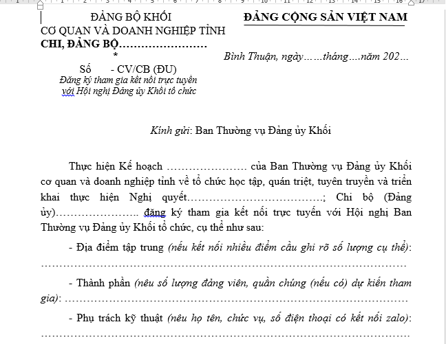 Mẫu đăng ký tham gia kết nối trực tuyến với Hội nghị Đảng ủy Khối tổ chức mới nhất