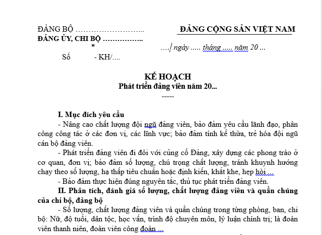  Mẫu kế hoạch phát triển đảng viên của chi bộ mới nhất