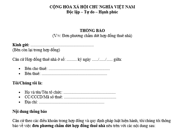 Mẫu Thông báo đơn phương chấm dứt hợp đồng thuê nhà mới nhất 2026