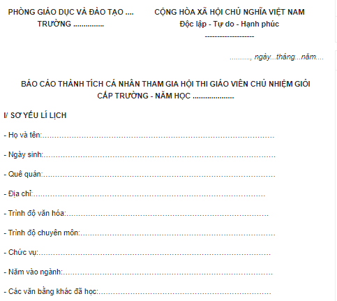  Mẫu Báo cáo thành tích cá nhân tham gia Hội thi giáo viên chủ nhiệm giỏi cấp trường