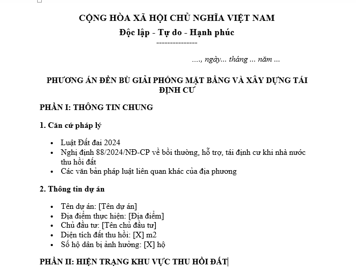 Mẫu Phương án đền bù giải phóng mặt bằng và xây dựng tái định cư để thực hiện dự án xây dựng