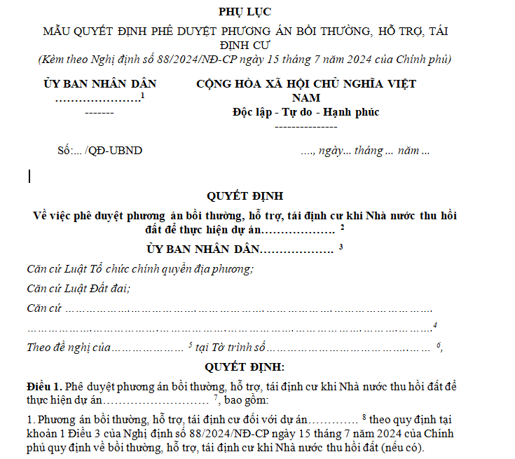 Mẫu quyết định phê duyệt phương án bồi thường, hỗ trợ tái định cư khi Nhà nước thu hồi đất để thực hiện dự án xây dựng