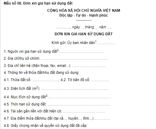 Mẫu Đơn xin gia hạn sử dụng đất