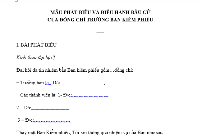 Mẫu phát biểu và điều hành bầu cử trong đại hội đảng bộ của đồng chí trưởng ban kiểm phiếu