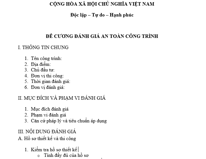 Mẫu đề cương đánh giá an toàn công trình