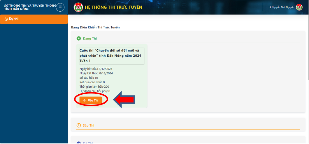 Bước 3: Chọn bài thi dự thi và bấm vào nút “Vào thi”. Bấm “Bắt đầu” để bắt đầu làm bài.