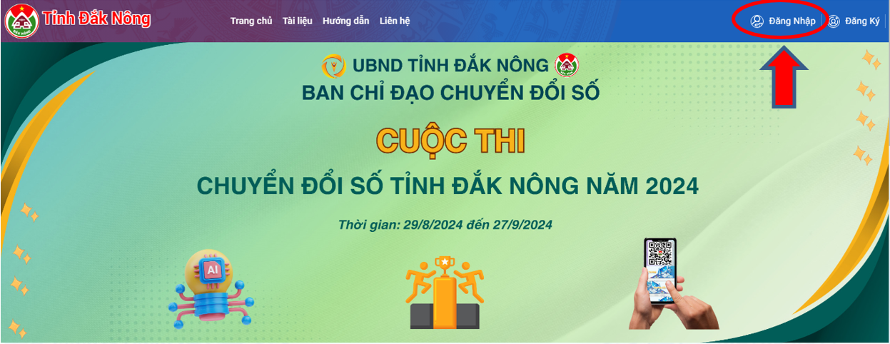 Đăng nhập vào hệ thống bằng cách bấm vào nút “Đăng nhập” ở góc trên, bên phải màn hình (nếu bạn chưa có tài khoản vui lòng bấm vào mục “Đăng ký”).