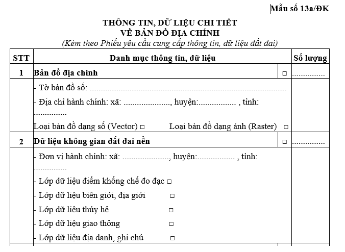  Mẫu thông tin, dữ liệu chi tiết về bản đồ địa chính