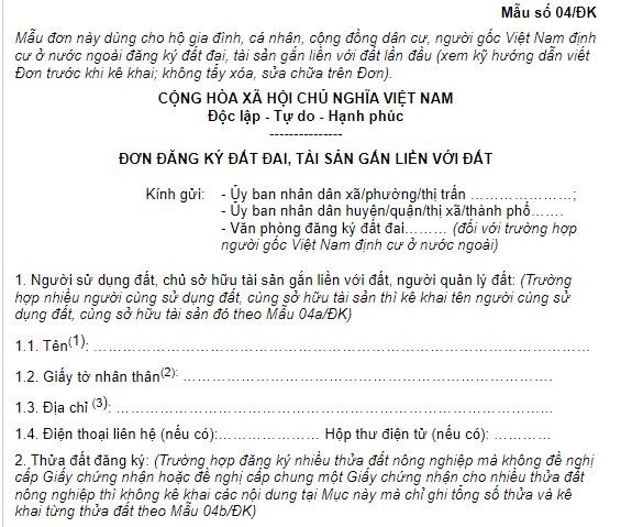  Mẫu Đơn đăng ký đất đai, tài sản gắn liền với đất lần đầu dành cho hộ gia đình