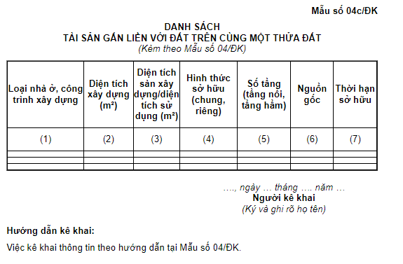 Mẫu danh sách tài sản gắn liền với đất trên cùng một thửa đất