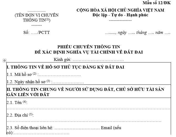  Mẫu 12/ĐK phiếu chuyển thông tin để xác định nghĩa vụ tài chính về đất đai 2024